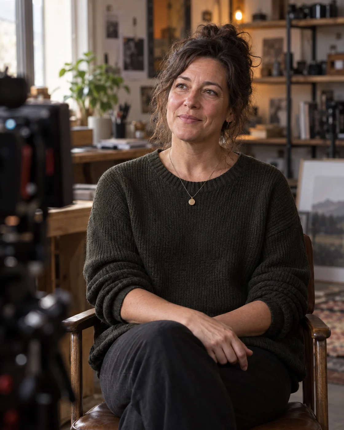 A woman listening slightly off camera in a relaxed, warmly lit interview setting