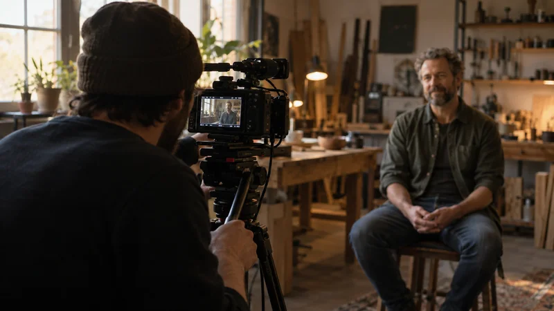 Camera operator filming a seated interview in a warmly lit interior