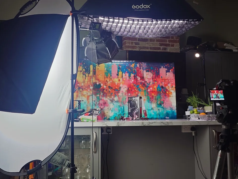 Softbox and backdrop set up in a kitchen studio