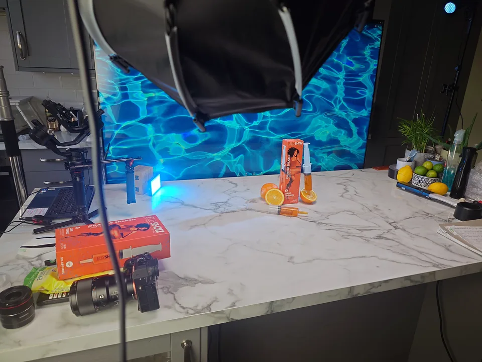 Wide view of a product set with lights and props