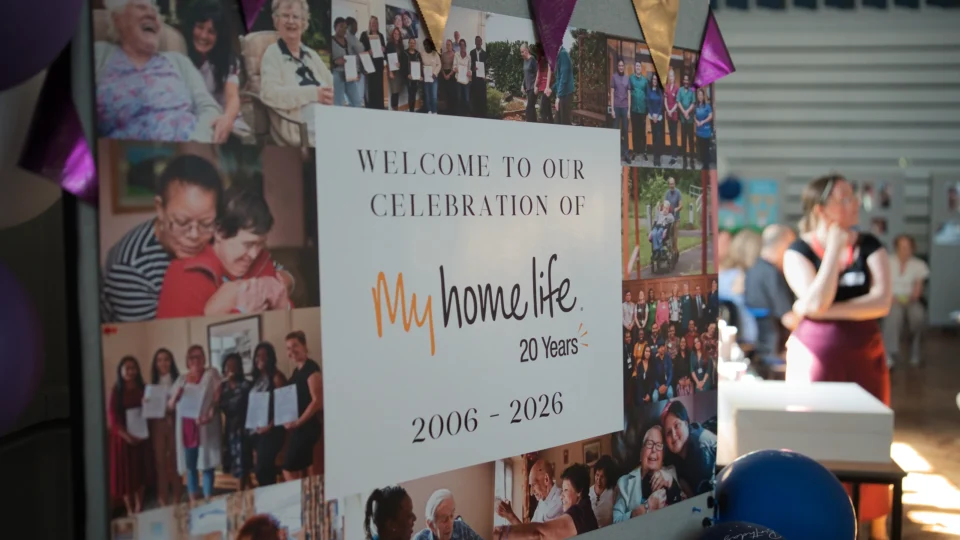 Welcome board celebrating twenty years of My Home Life England