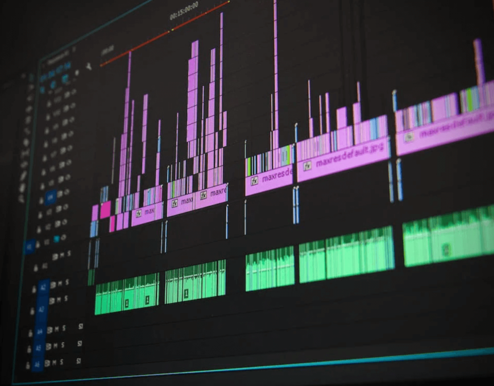 Close view of a video editing timeline with multiple picture and audio tracks