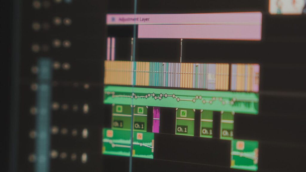 Detailed view of a video editing timeline displayed on a computer screen, highlighting the tools used in video production