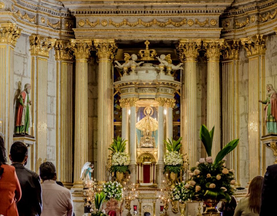 A beautiful church wedding ceremony with bride and groom at the altar