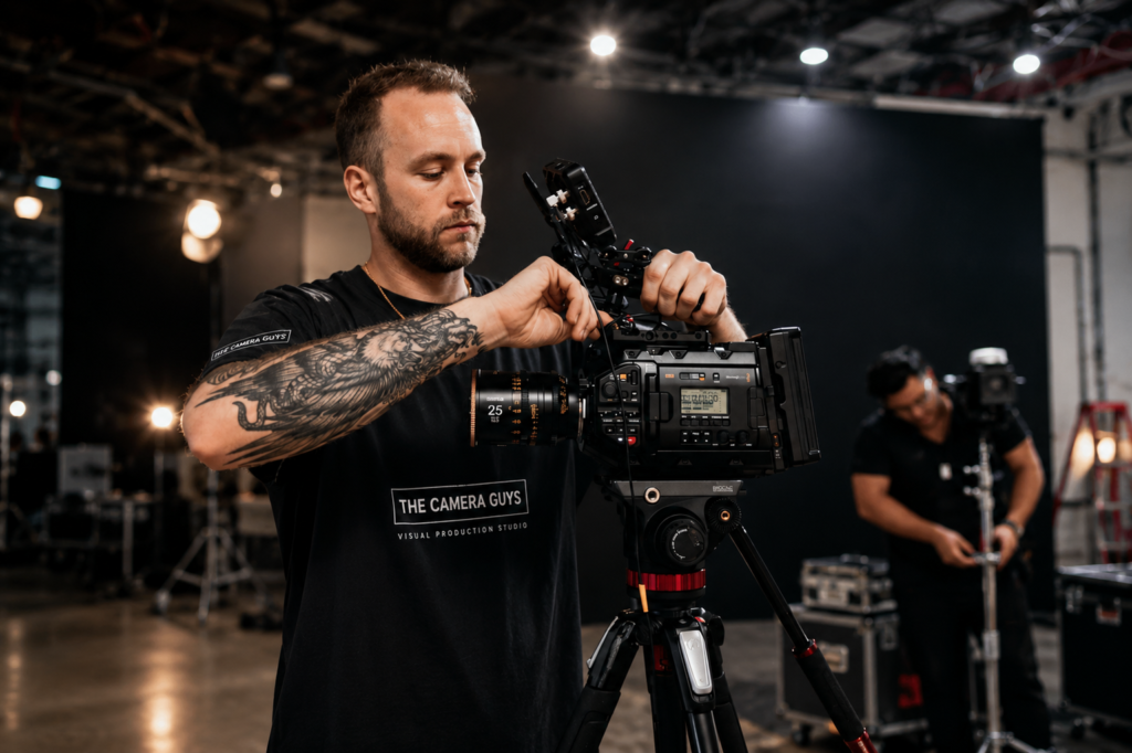 Videographer adjusting a cinema camera on a tripod in a studio