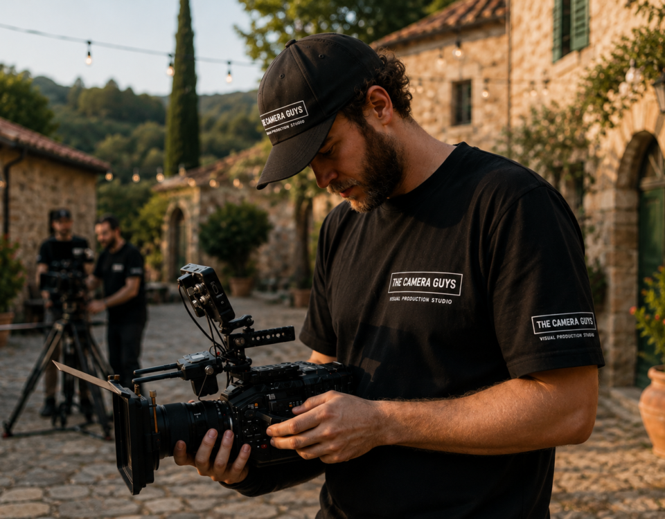 Videographer checking a cinema camera rig during an outdoor courtyard shoot
