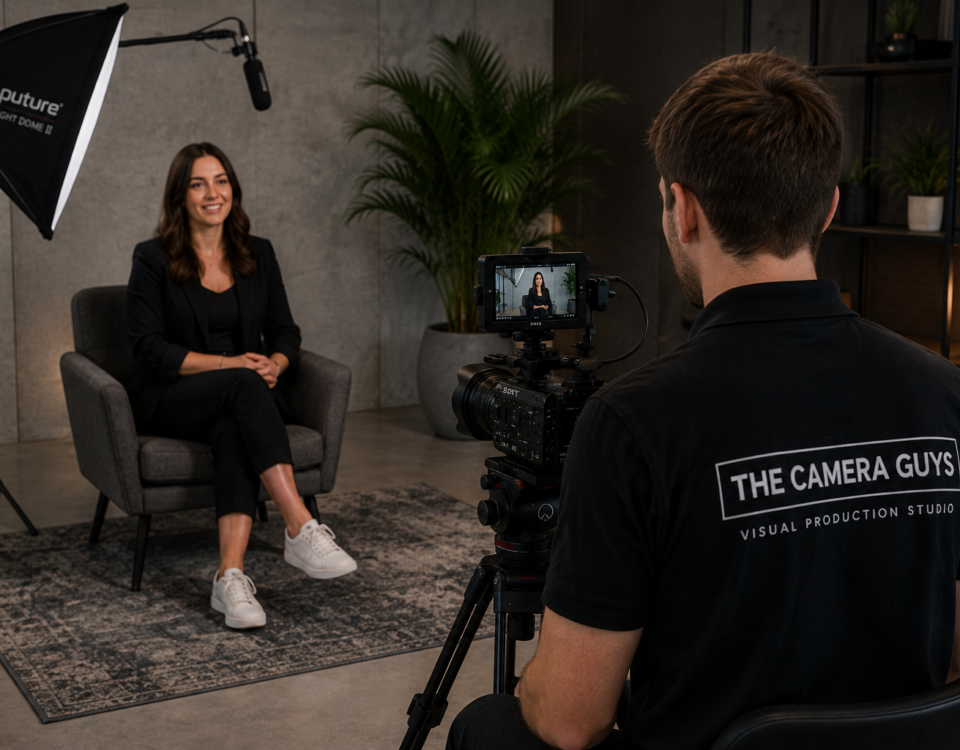 Videographer filming a seated woman with a camera and softbox lighting
