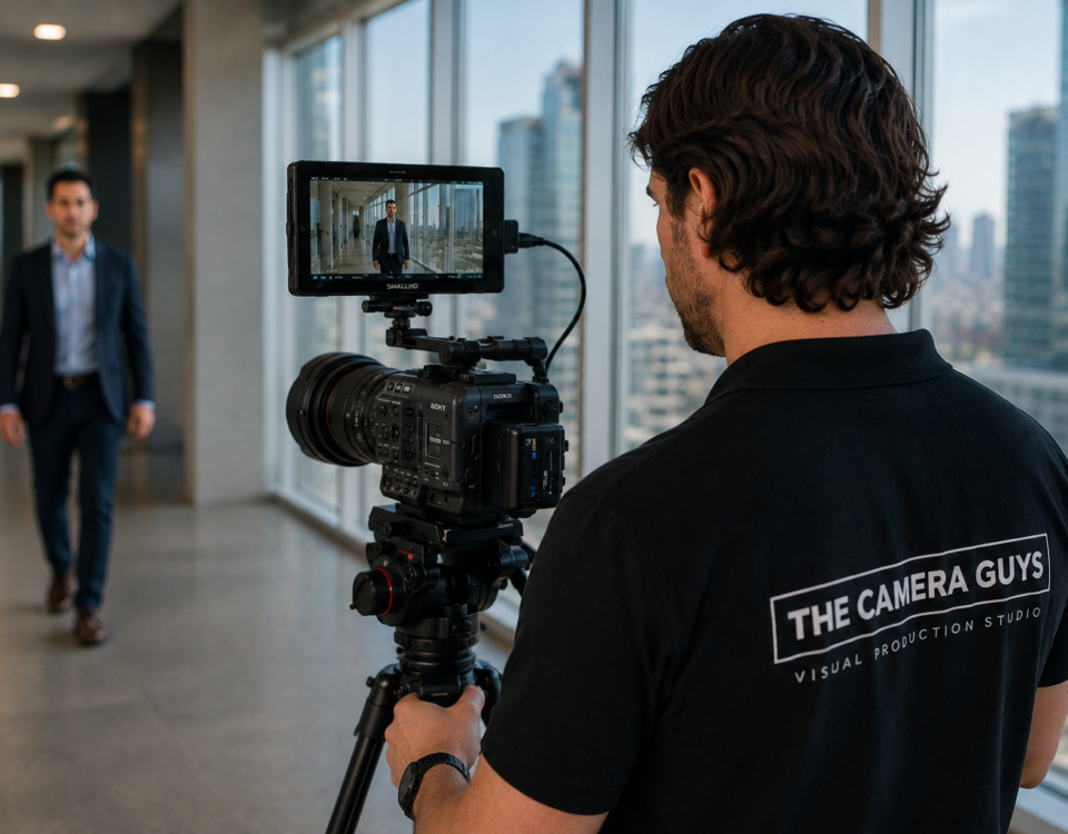 Videographer filming a business presenter walking through a modern office
