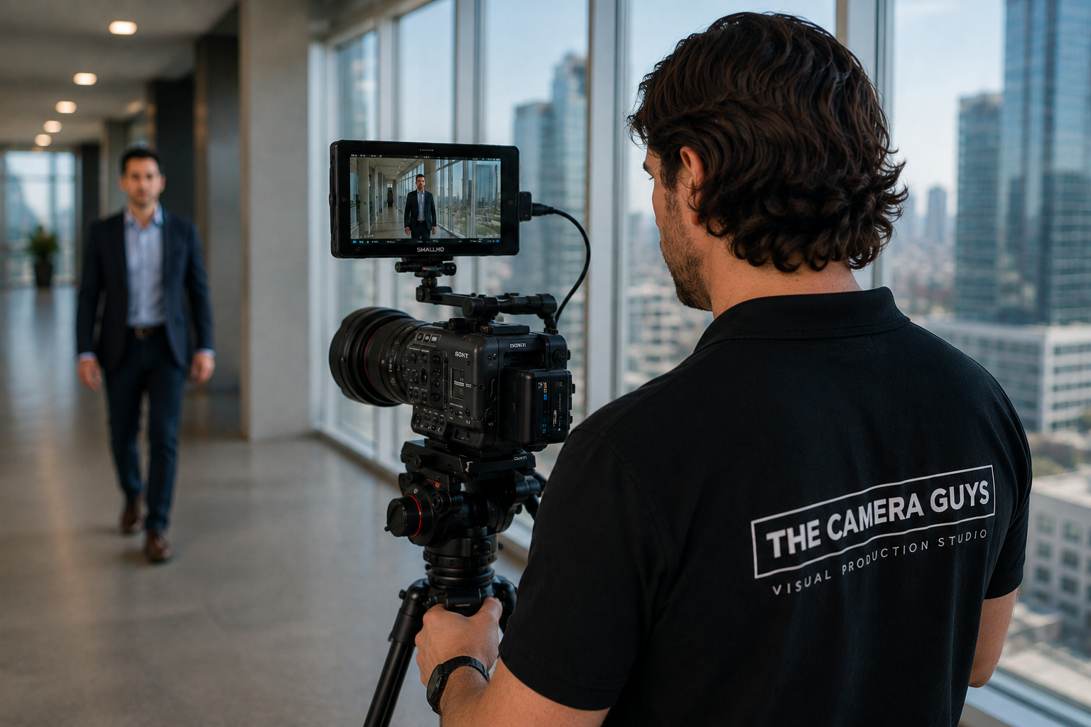 Videographer filming a business presenter walking through a modern office