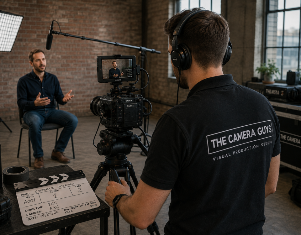 Videographer filming a seated business interview with two cameras and lighting