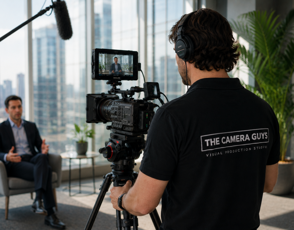 Videographer filming a seated business presenter in a modern office