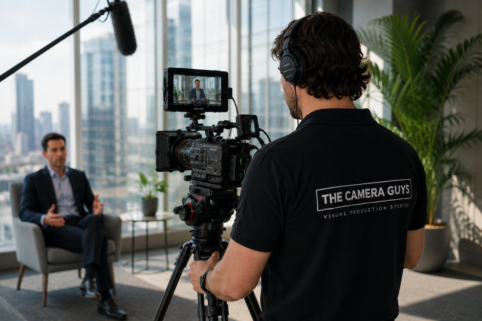 Two Camera Guys videographers operating a camera in a city office