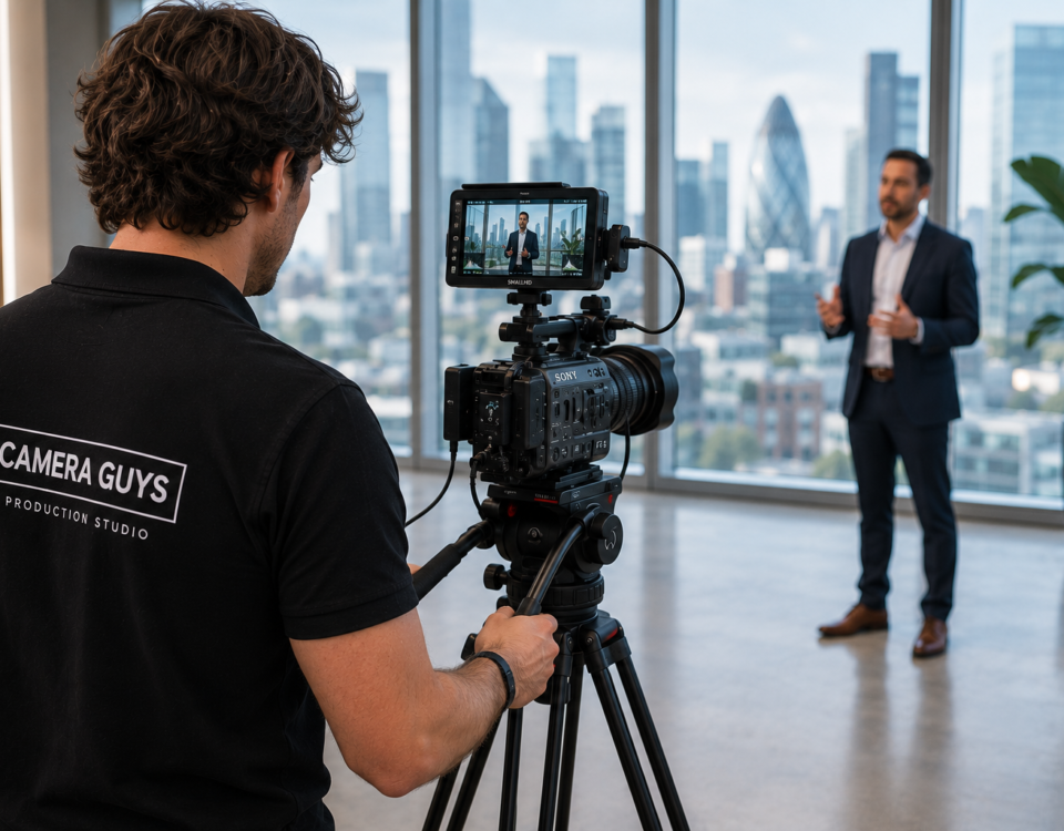 Videographer filming a business presenter in a modern office