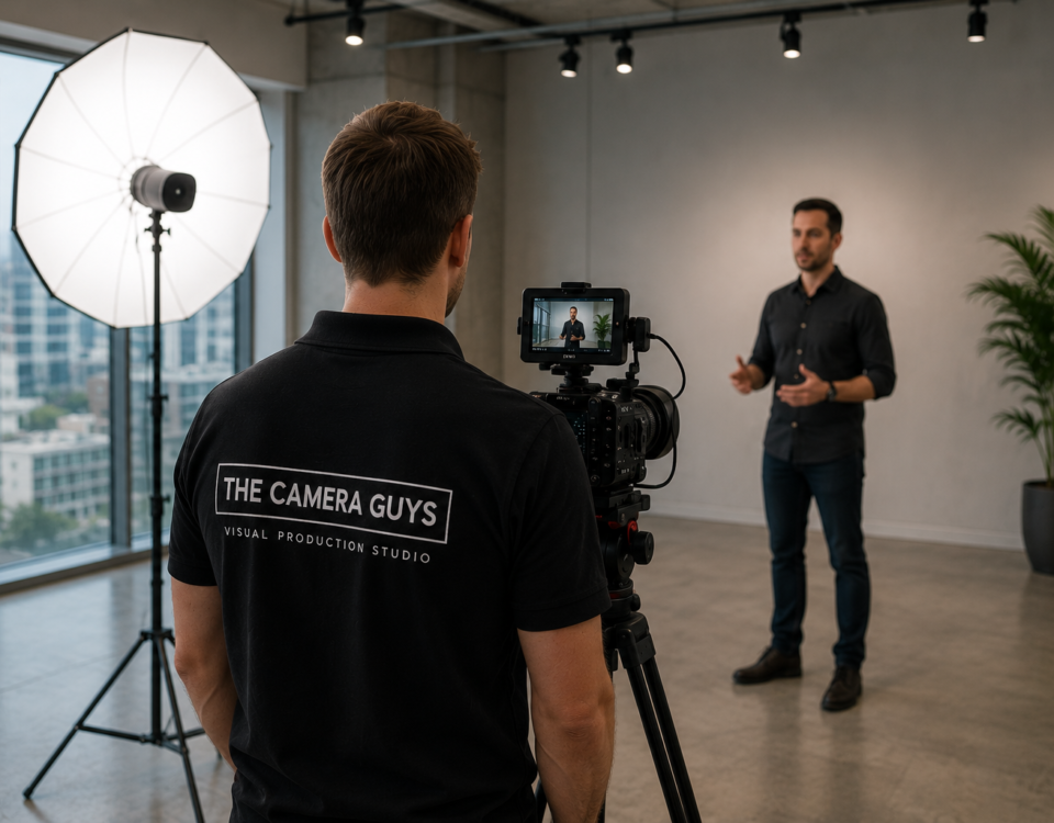Videographer filming a standing business presenter with a camera and studio light