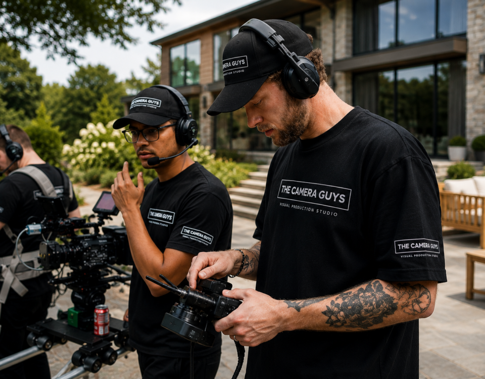 Two videographers wearing headphones operating cinema cameras during an outdoor production