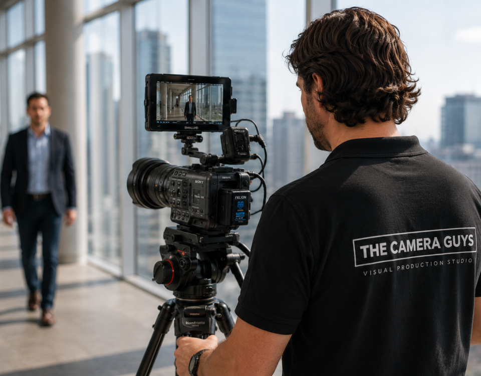 Videographer operating a cinema camera during a business interview