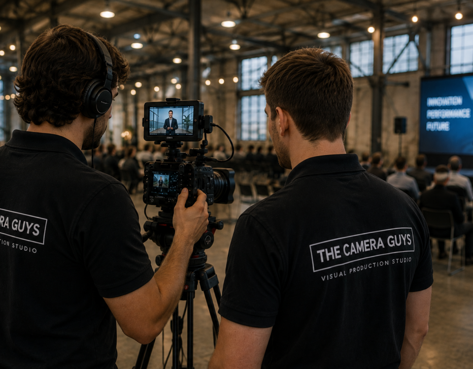 Two videographers reviewing the framing on a cinema camera monitor