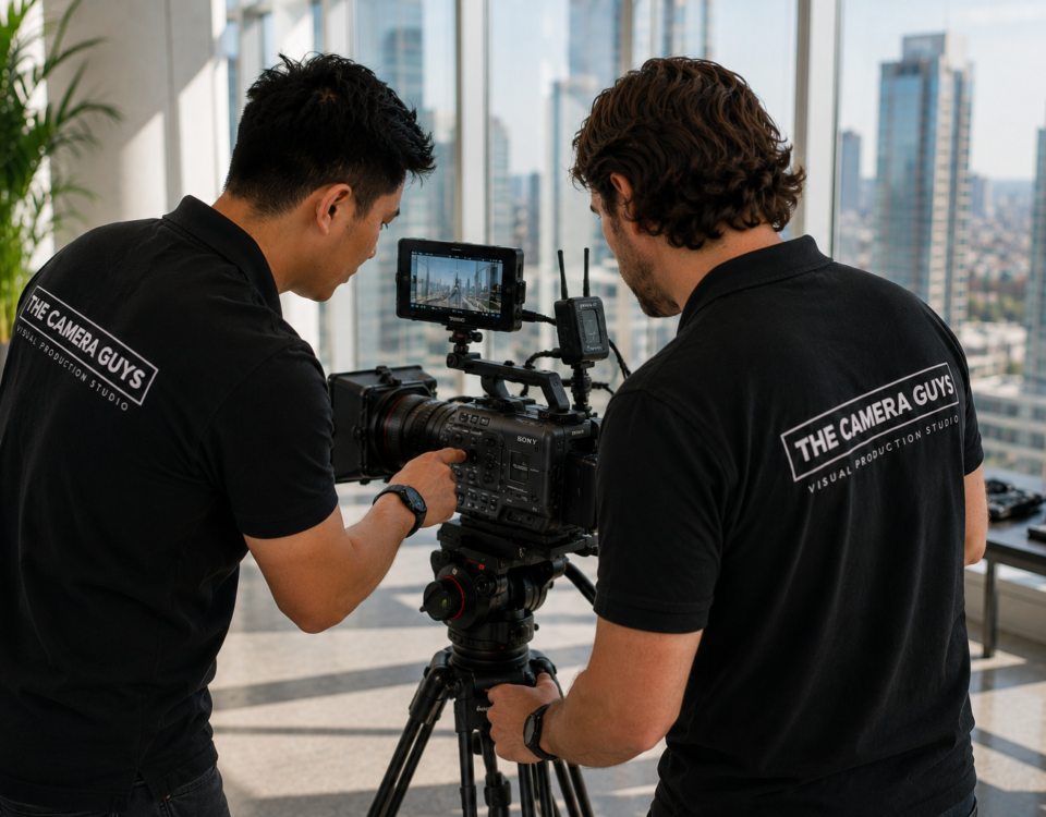 Two videographers reviewing a cinema camera during an indoor production
