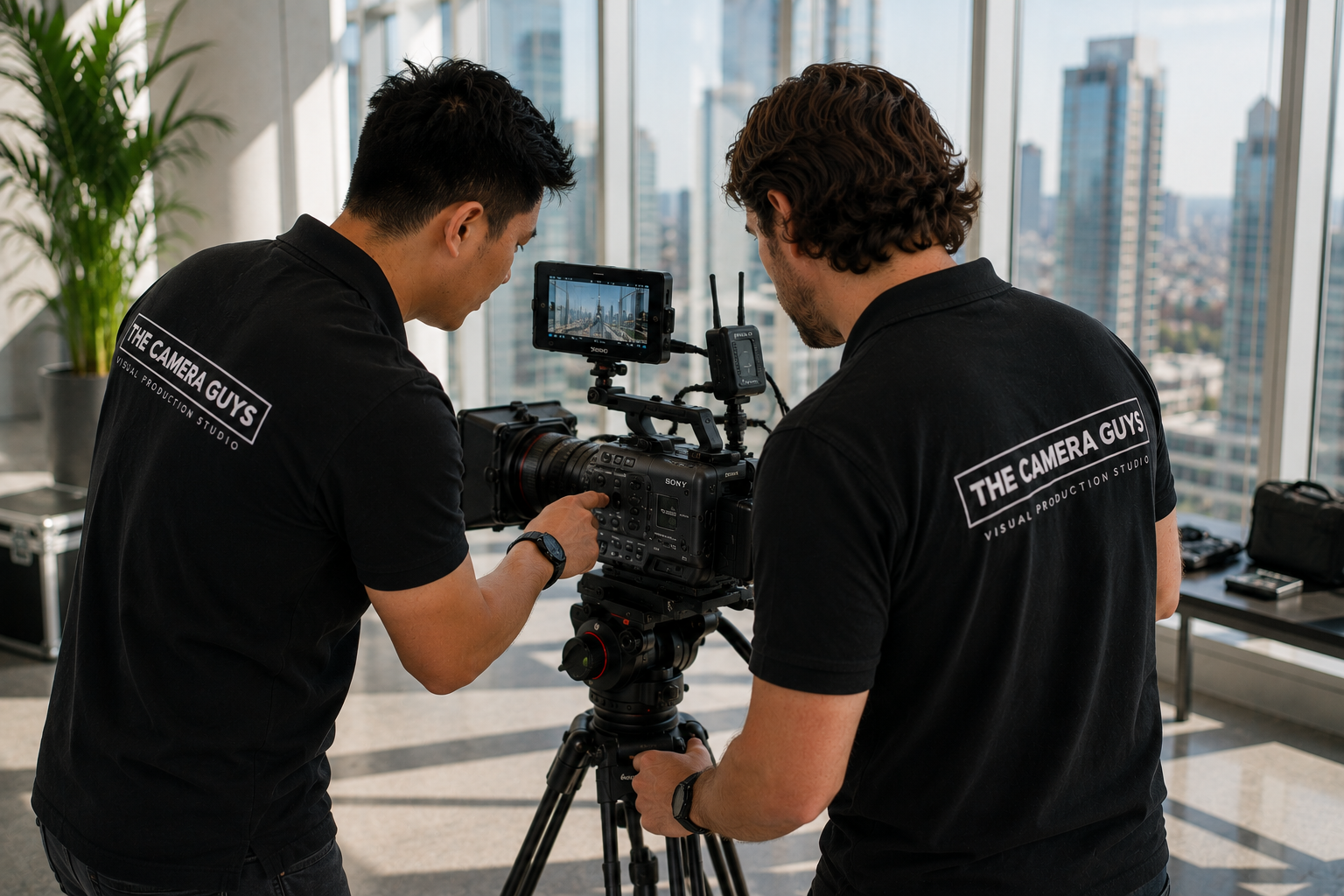 Two Camera Guys videographers checking their cinema camera on set