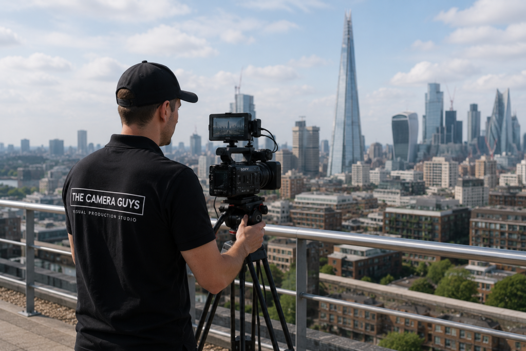 Videographer operating a tripod-mounted camera from a balcony overlooking a city skyline
