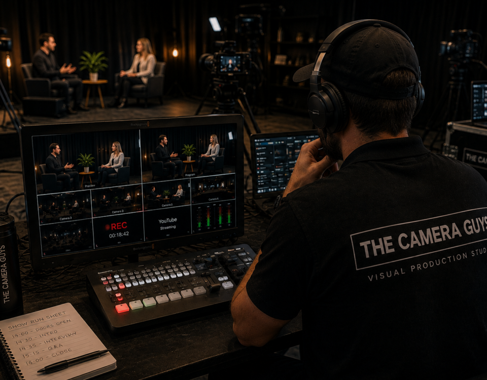 Camera operator monitoring a multi-camera studio production