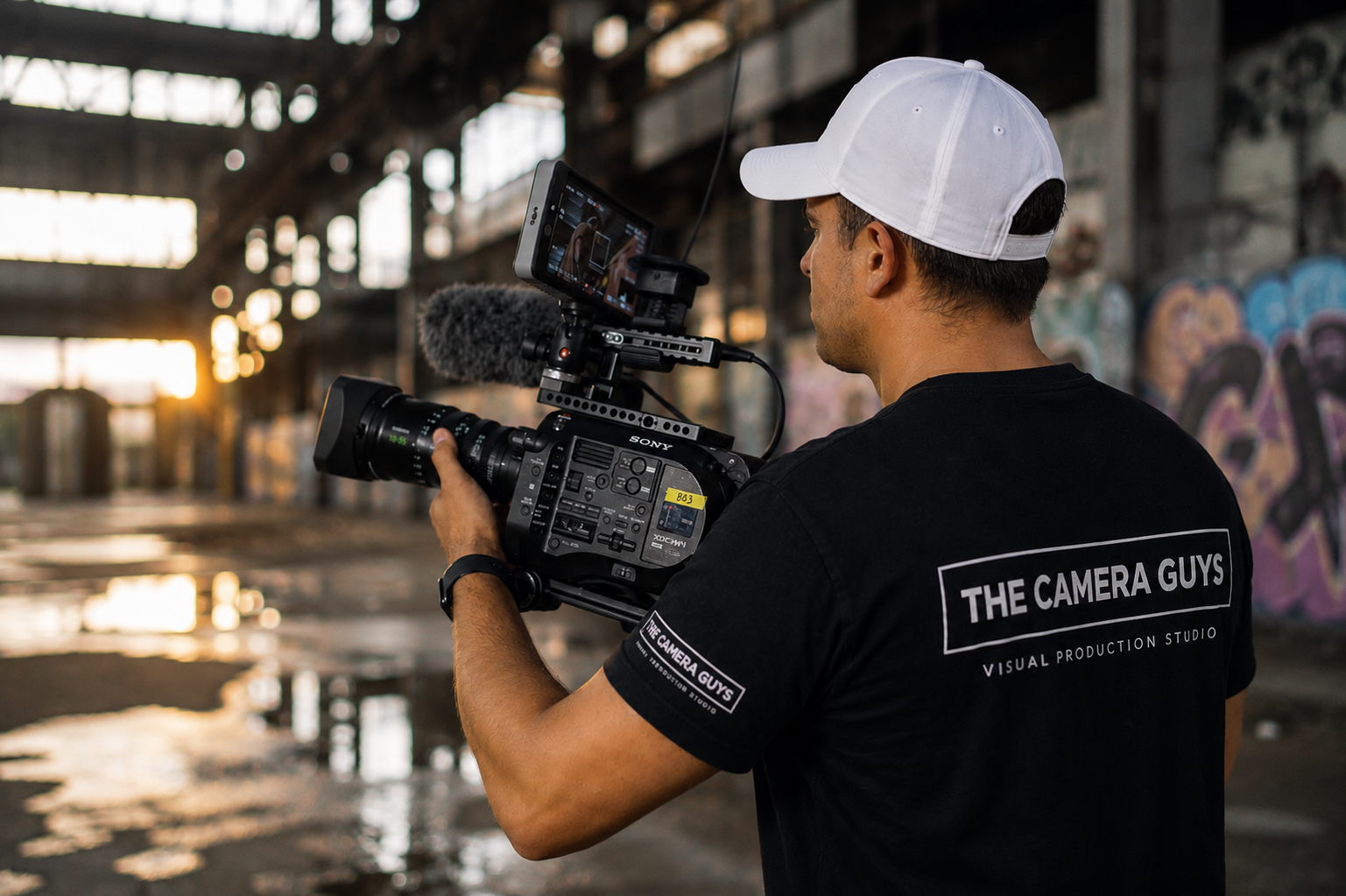 A camera operator in The Camera Guys branded clothing filming on location