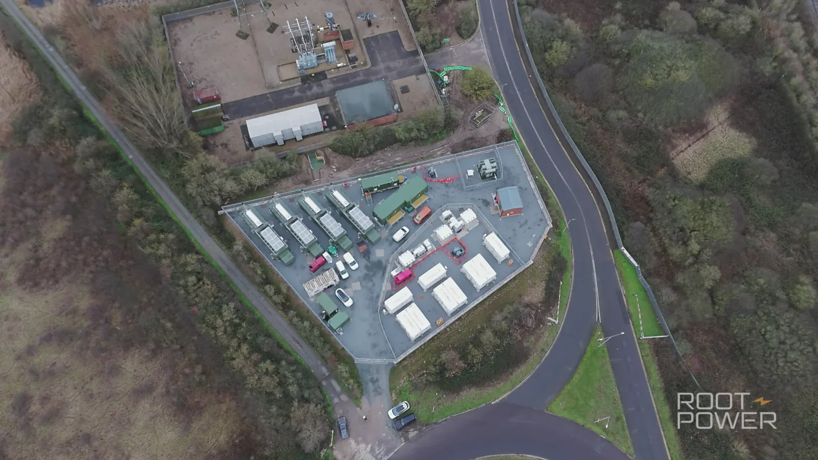 Aerial construction view of the Coryton battery energy storage site