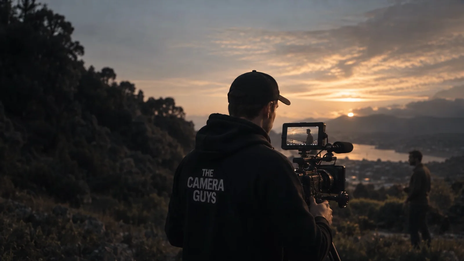 A camera operator filming on location
