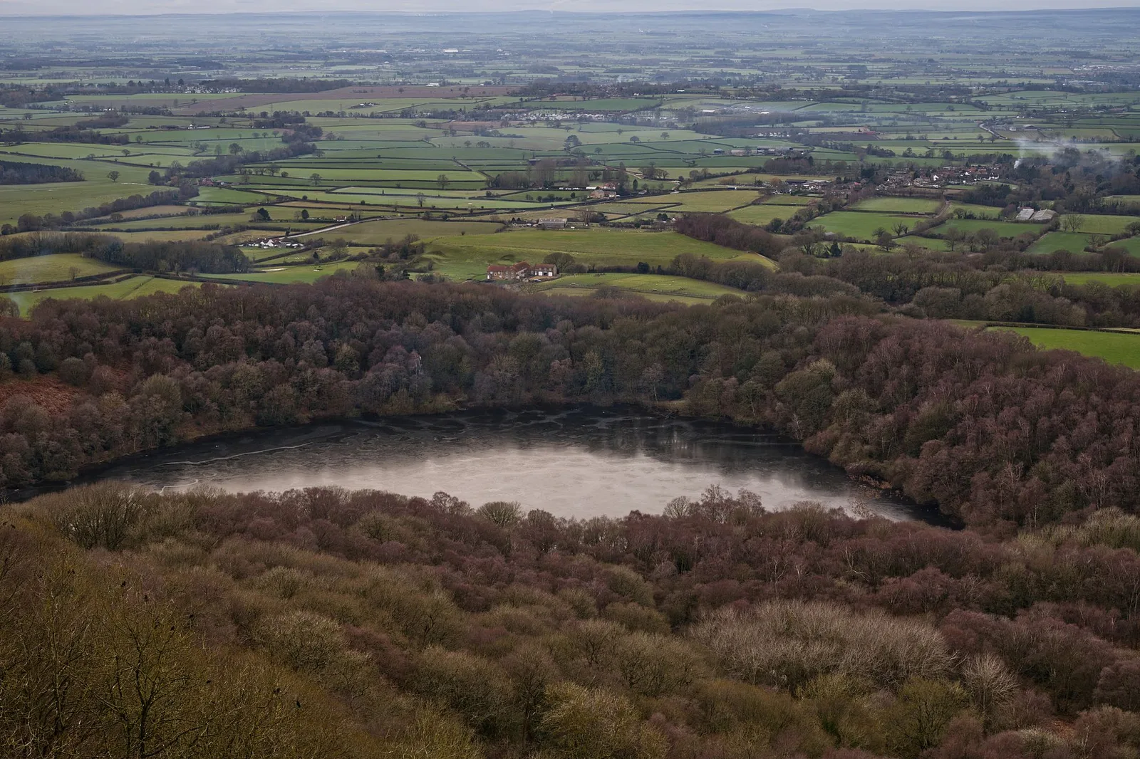 English countryside and lake seen from above