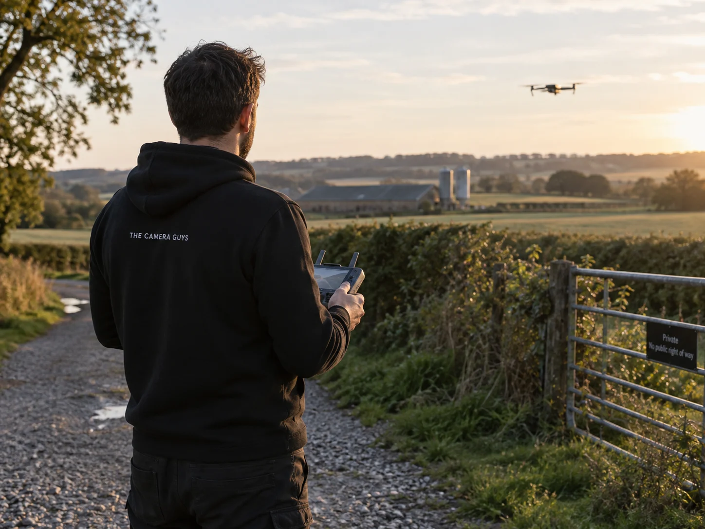 Illustrative image of a drone operator wearing a black Camera Guys hoodie and holding a controller at a rural location