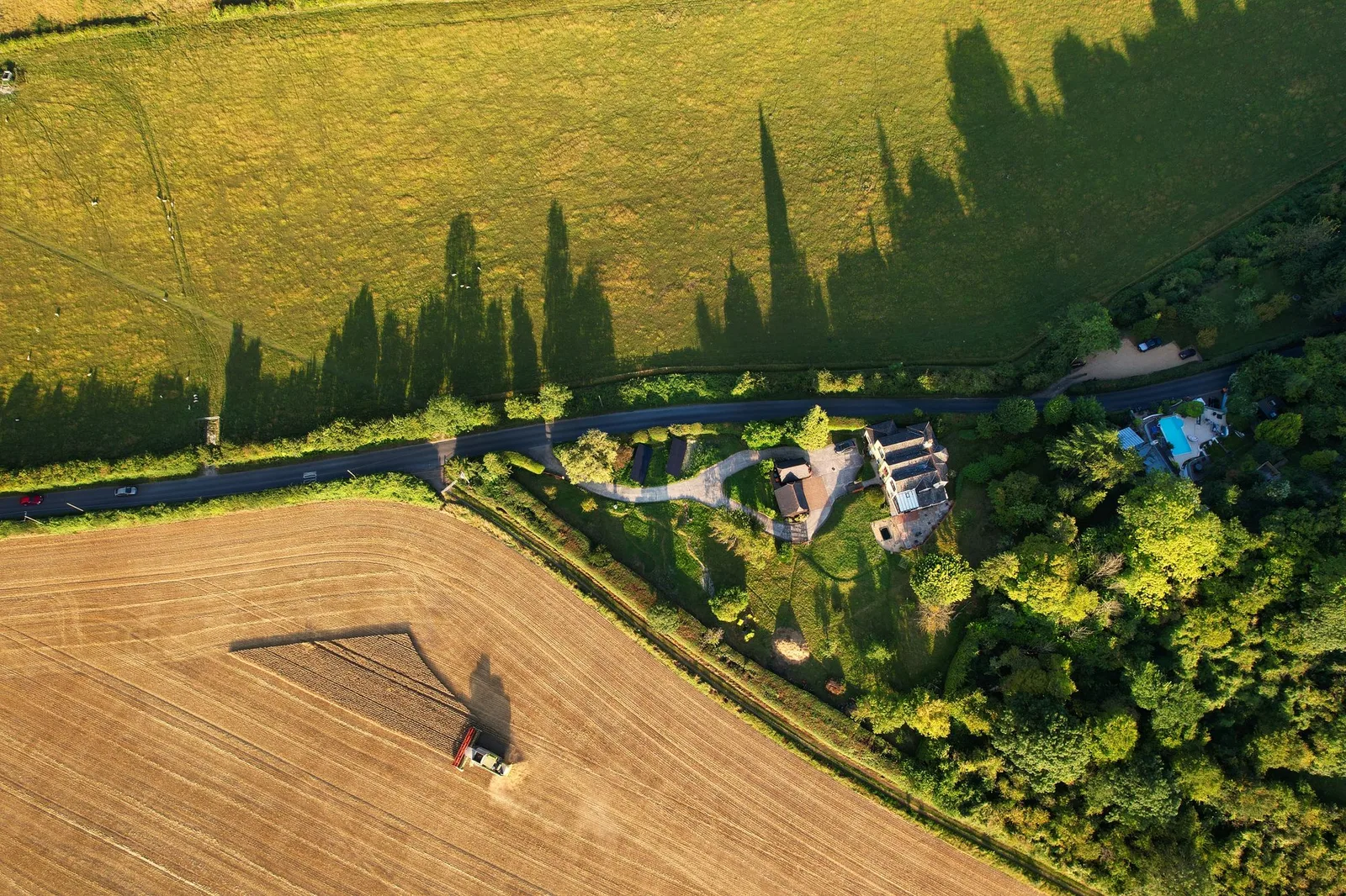 Fields and farm buildings seen from directly above