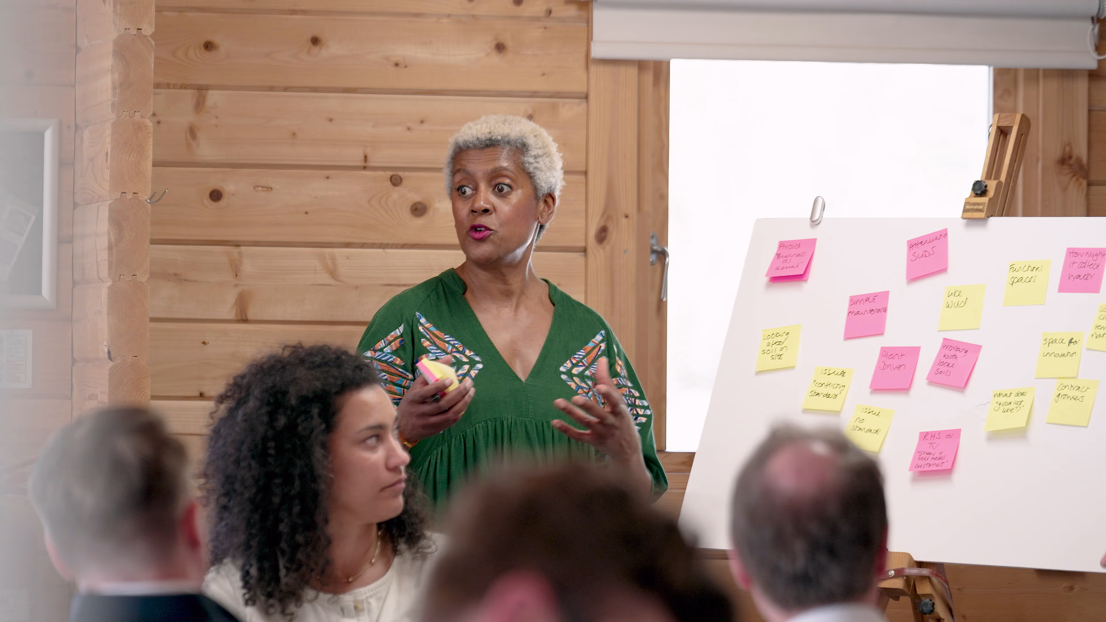 Speaker addressing the group beside a board of colourful workshop notes