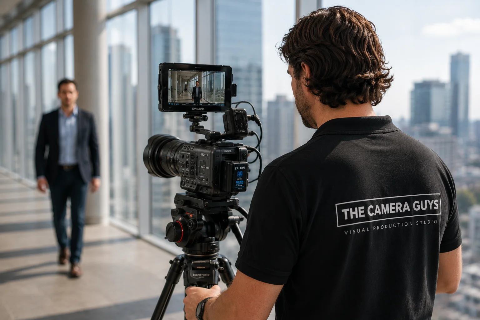Videographer operating a camera during a business interview