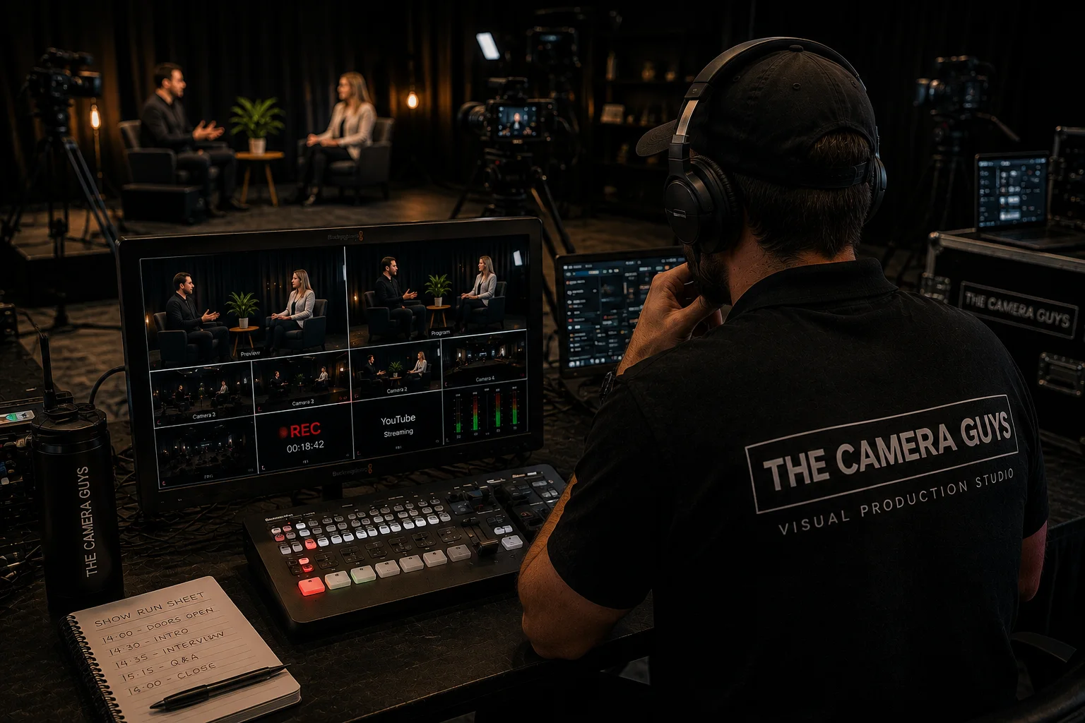 Camera operator monitoring several feeds during production