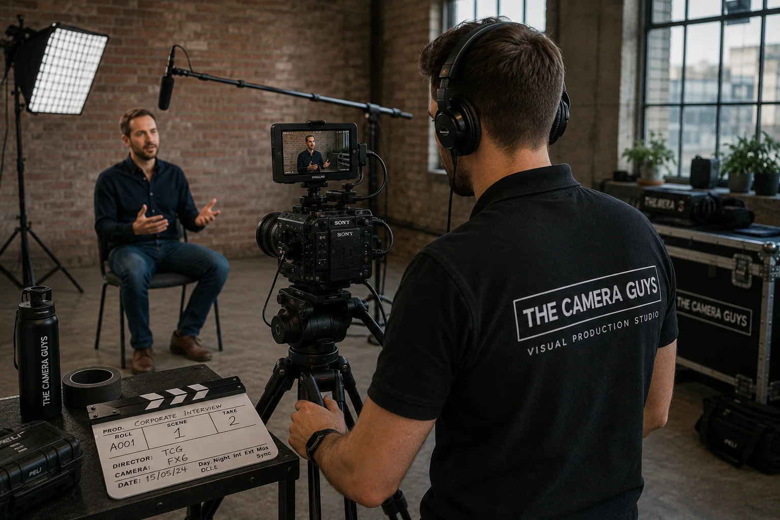 Two-camera business interview setup with lighting