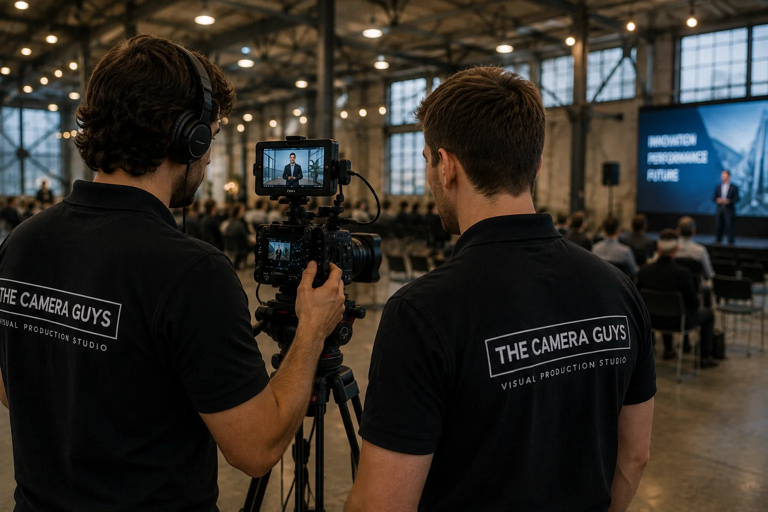 Two videographers reviewing the framing on a cinema camera