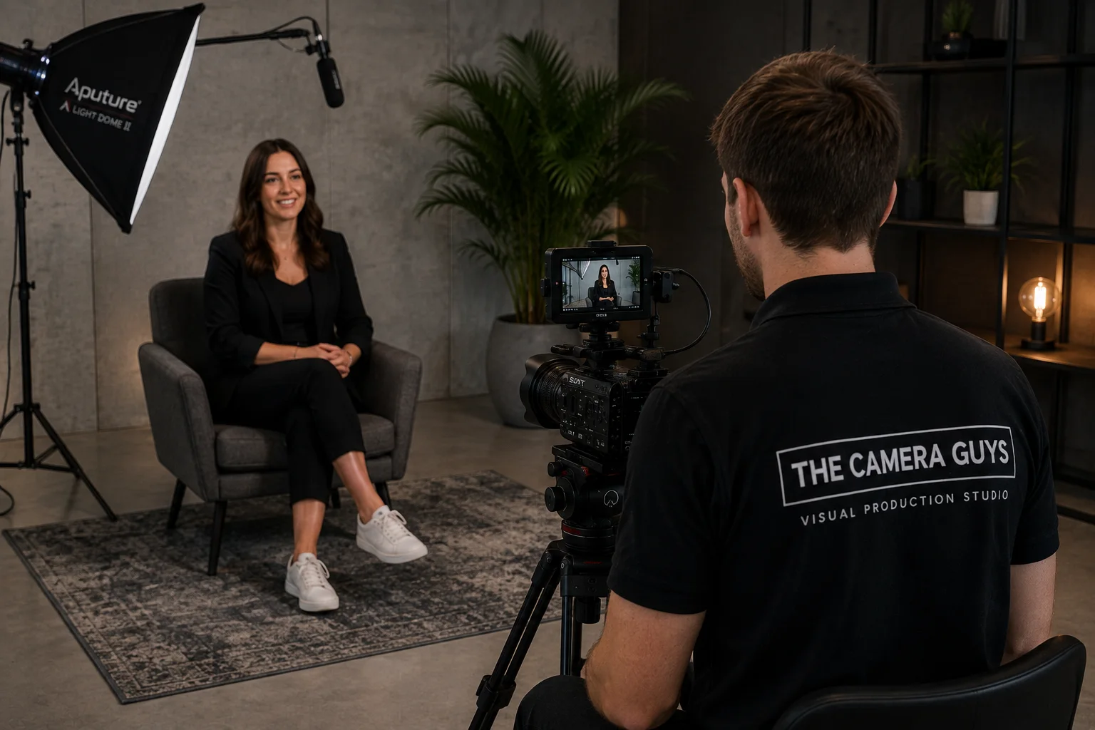 Videographer filming a seated interview with camera and softbox lighting