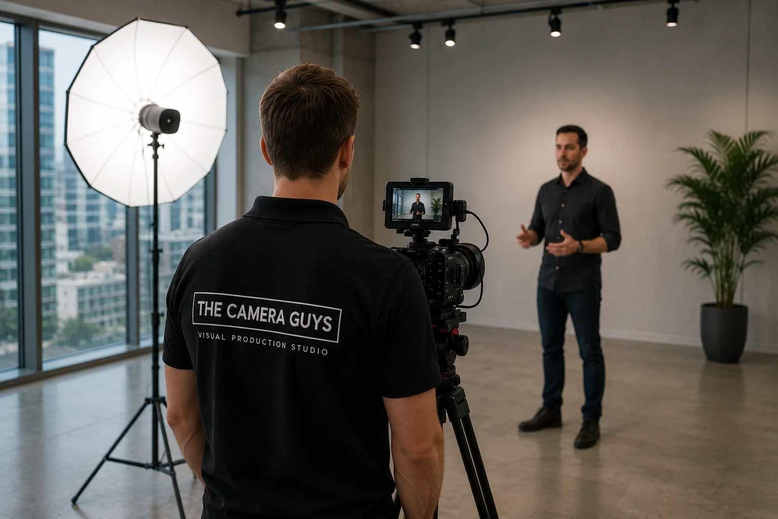 Videographer filming a business presenter with professional lighting