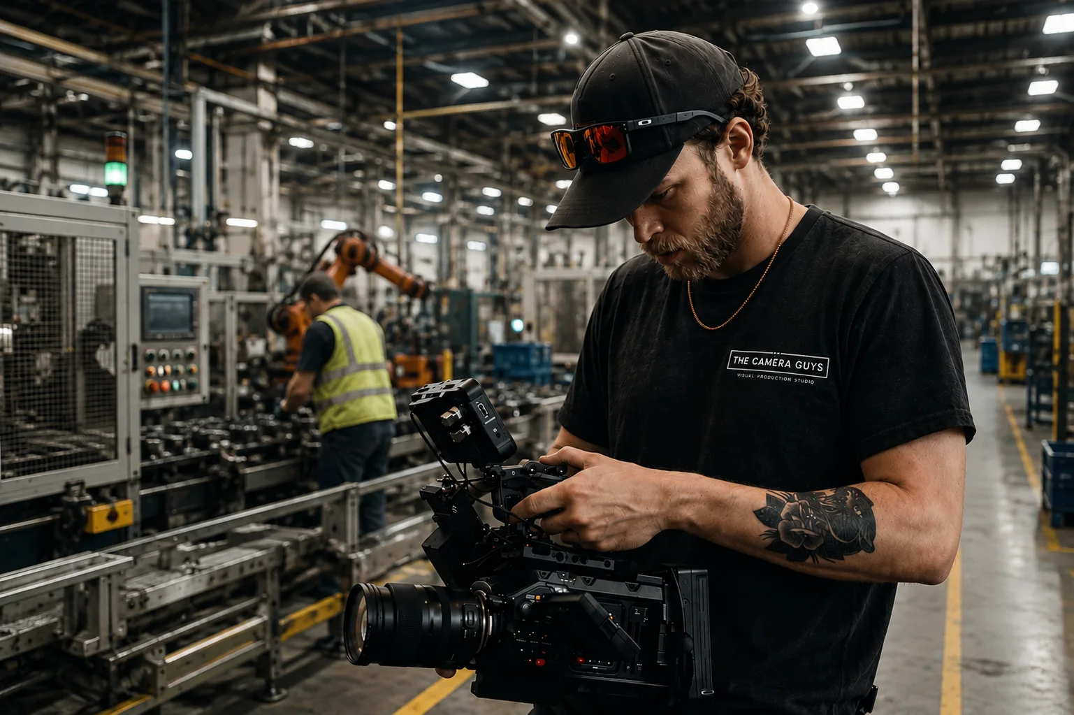 Videographer checking a cinema camera on a factory production floor