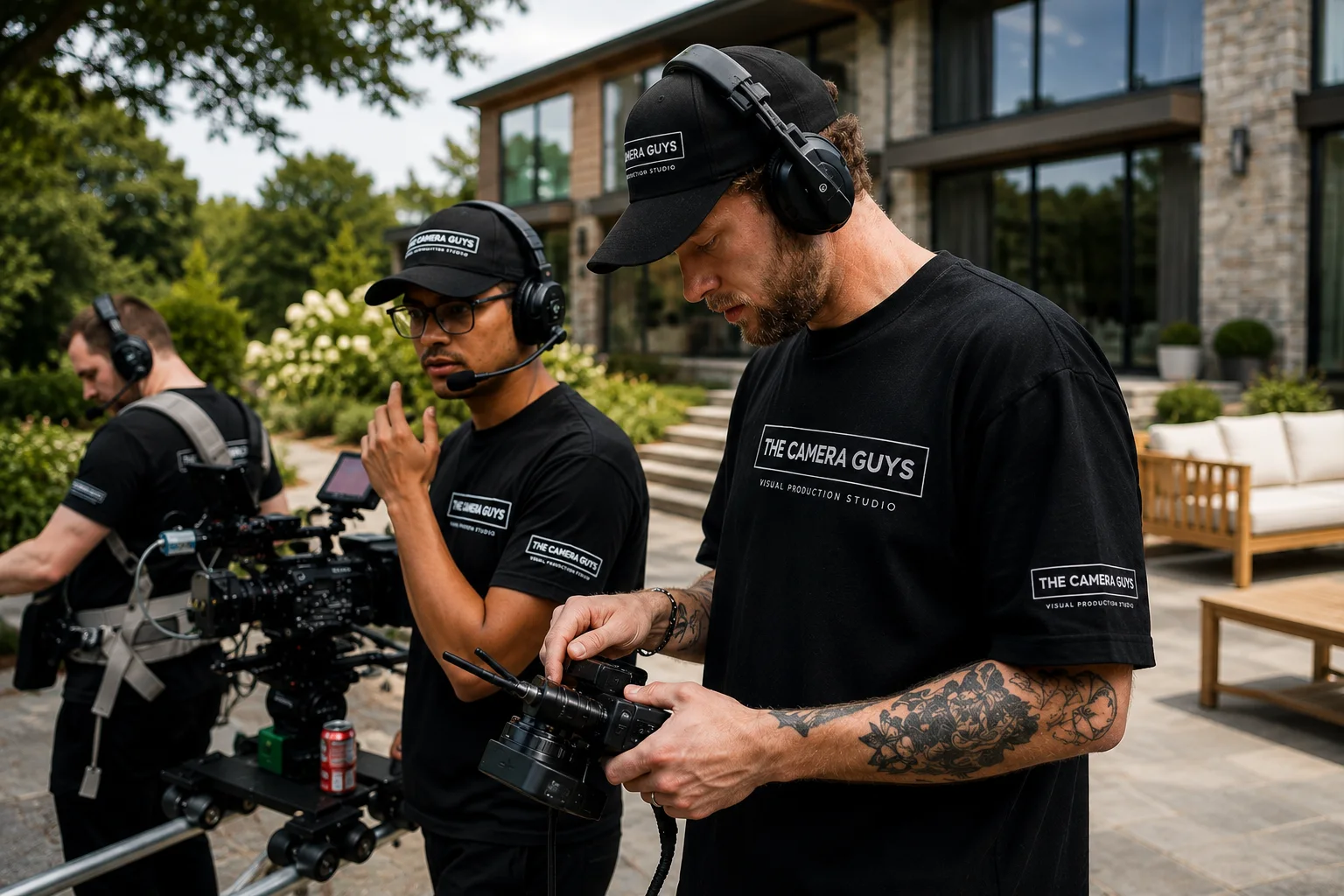 Two videographers operating cinema cameras during an outdoor production