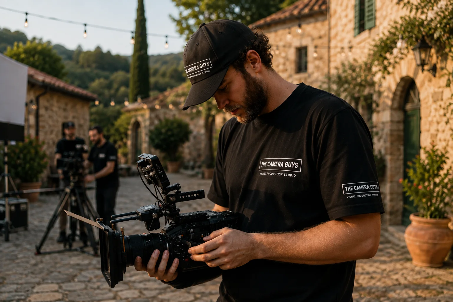 Videographer checking a cinema camera during an outdoor production