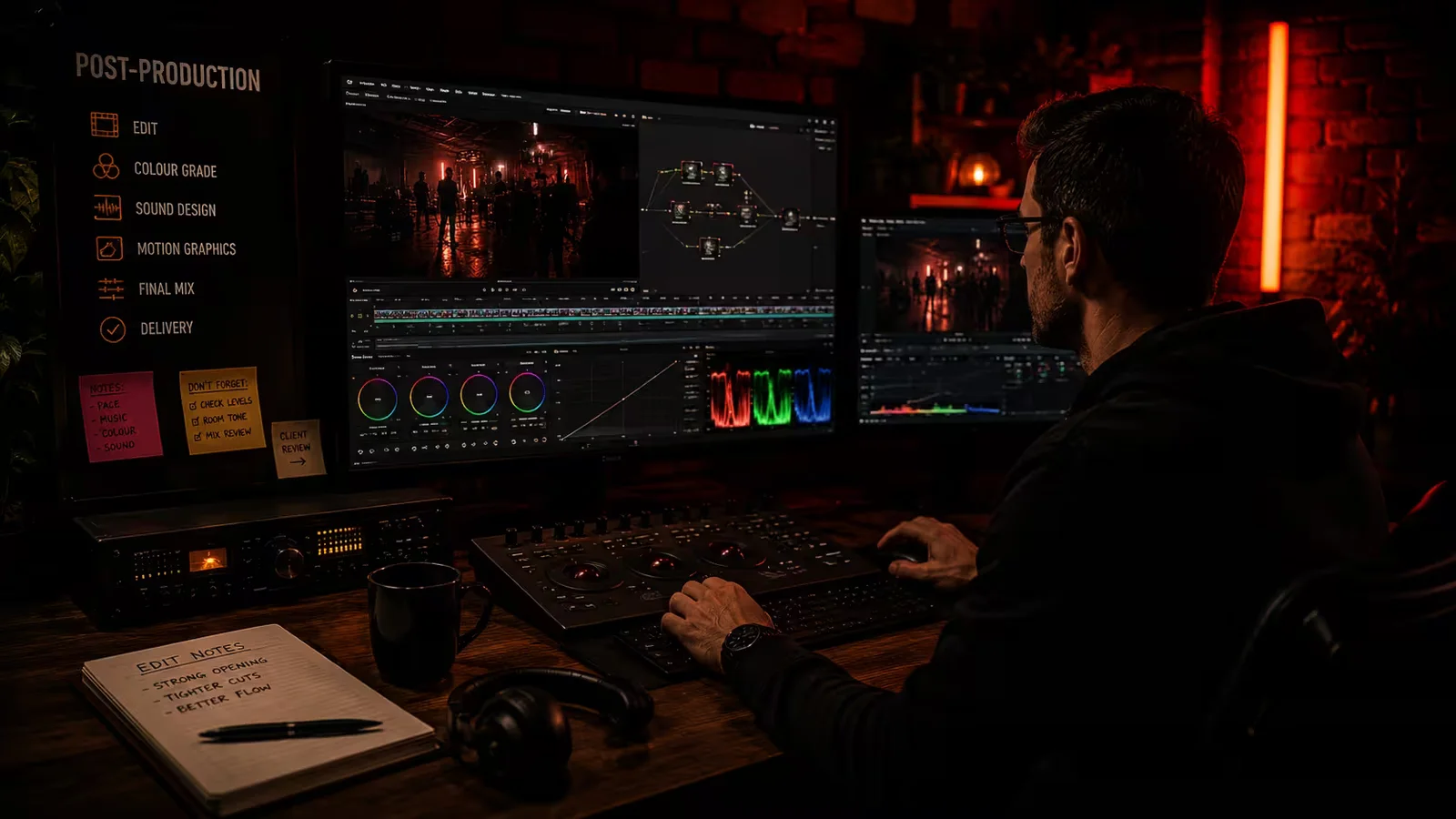 Professional editor working on a small-business video project