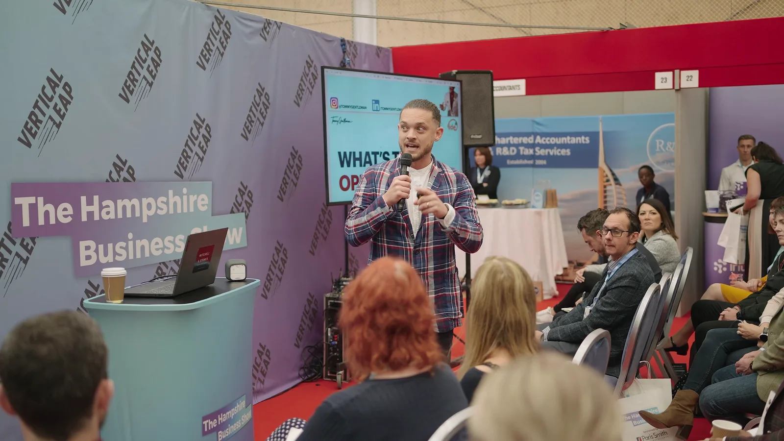 Guest speaker presenting on the Hampshire Business Show stage