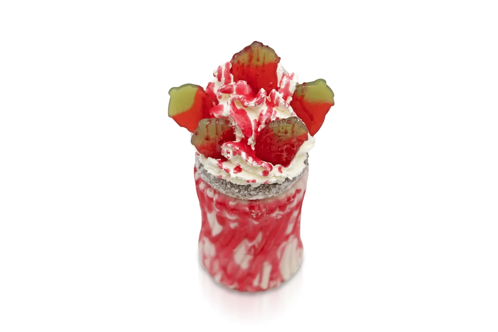 Social Shakes dessert with red sauce and fruit sweets