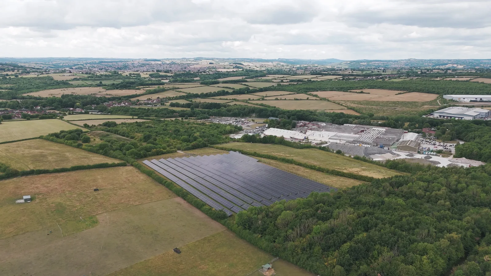 Wide aerial view of the solar array beside Denby Pottery