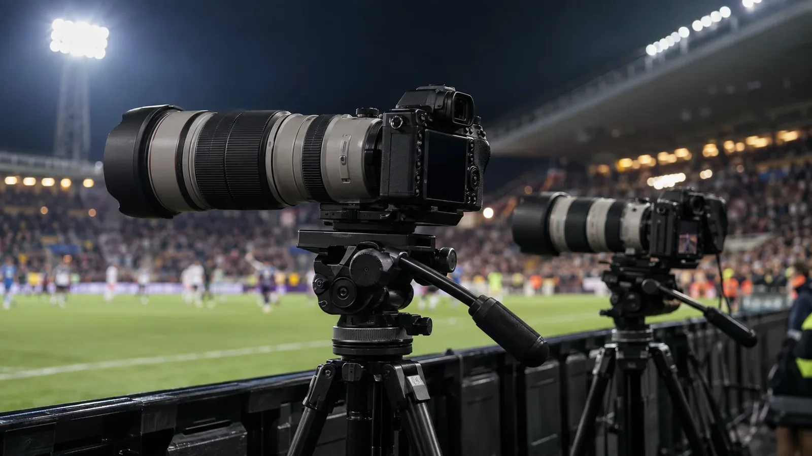 Long-lens cameras positioned beside a floodlit sports pitch