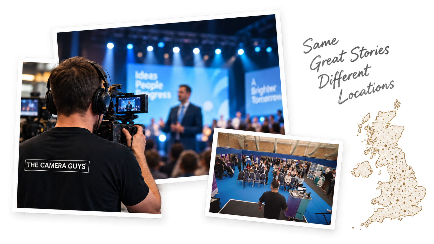 The Camera Guys filming a conference, with event photographs and a UK map