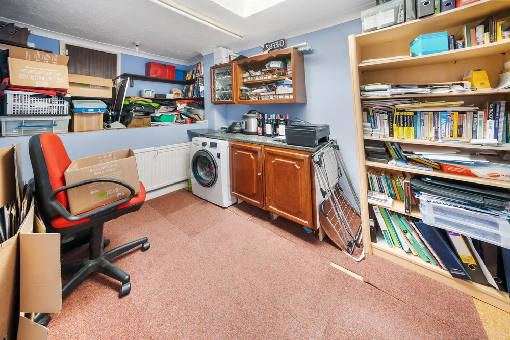 Utility room with laundry appliances and shelving — 13 Furness Close