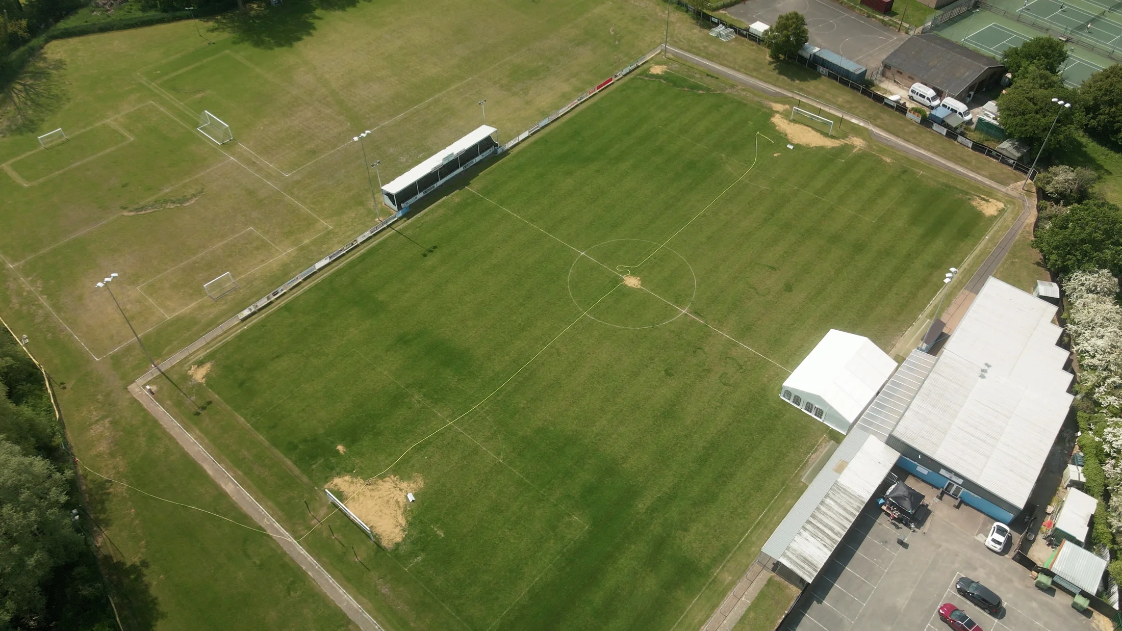Aerial view of sports pitches in Hadleigh — film still