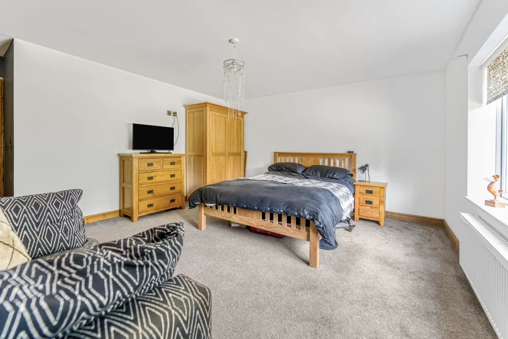 Bedroom with patterned bedding — Vancouver, Brockley